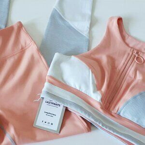 NWT Lazypants coral pink peach, grey & white sports bra top & leggings bundle